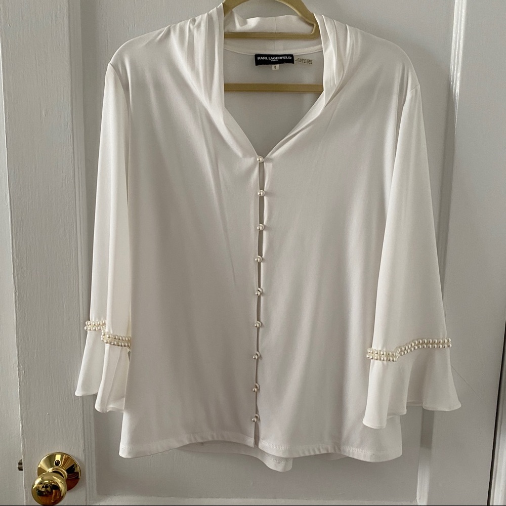 Karl lagerfeld ivory pearl button down cowl neck blouse size L